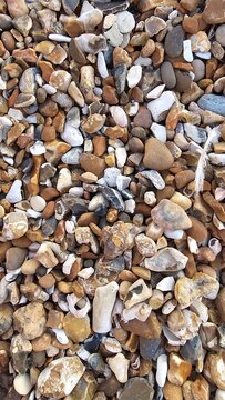 Rustic flint gravel background texture with a small white feather on beach pebbles