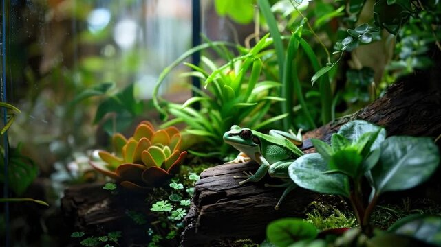 Green Tree Frog Resting on a Wood Log in a Lush Tropical Terrarium