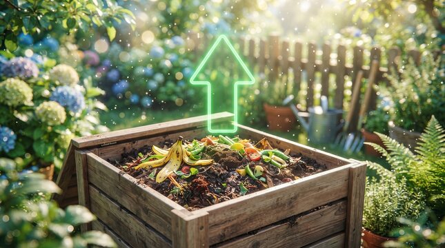 Wooden garden compost bin filled with food scraps and organic waste beneath a recycling arrow. Composting and soil enrichment. Sustainable gardening, recycling and waste reduction
