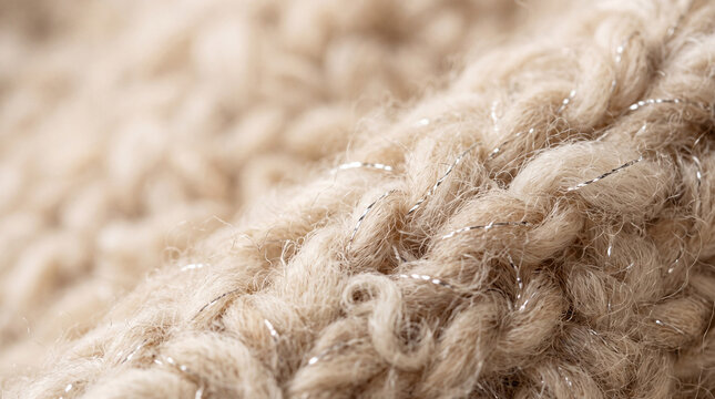 Abstract macro of soft unspun raw wool fibers interwoven with fine metallic silver threads, cream beige luxury textile