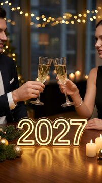 Modern business success concept for New Year 2027 with a stylish office setup and glowing graphics