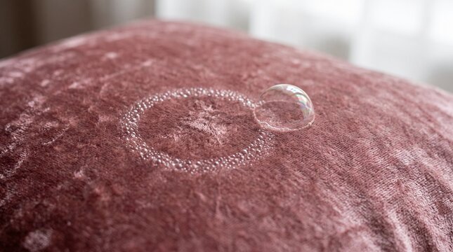 Popped soap bubble leaving a ring of tiny water droplets on dusty rose velvet beside one intact iridescent bubble, soft window light macro