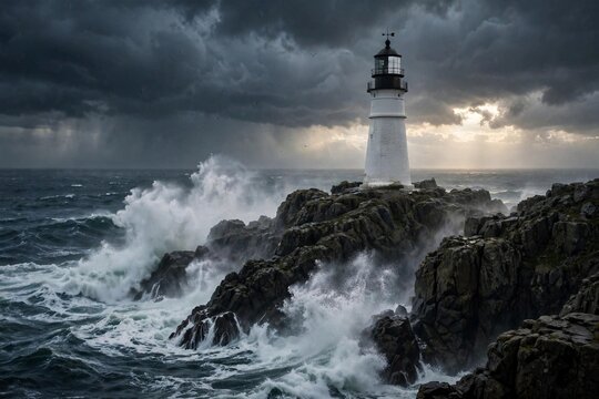 White lighthouse on rocky cliff with dramatic storm waves crashing below