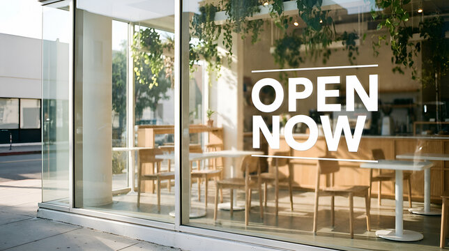Storefront with open now sign and wooden furniture display