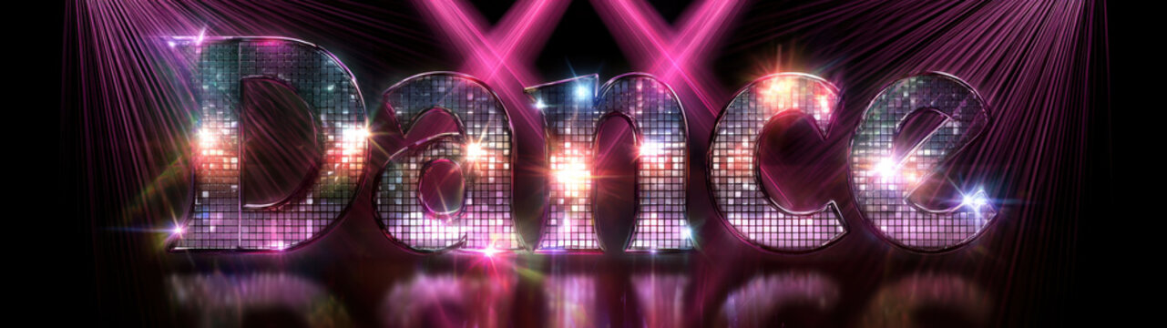 In Disco Ball Dance Typography, the word "Dance" is rendered in bold 3D letters filled with glittering disco ball mirror tiles, brightly illuminated by intense pink stage spotlights