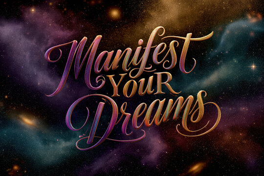 The inspirational phrase "Manifest Your Dreams" is rendered in metallic gold cursive lettering over an expansive deep space background filled with nebulae