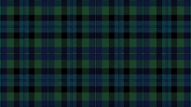Seamless repeating fabric texture of a classic dark green and navy blue Scottish tartan plaid pattern