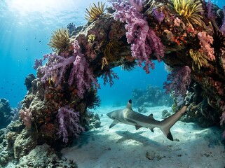 Blacktip reef shark swimming past a coral reef archway with tropical fish marine life ocean scenery © Krishno
