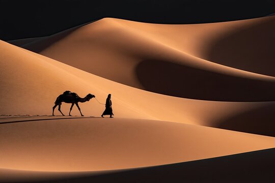 A traveler walks with a camel across the sand dunes. The hot sun creates mirage reflections on the warm sand in a desert landscape at dusk