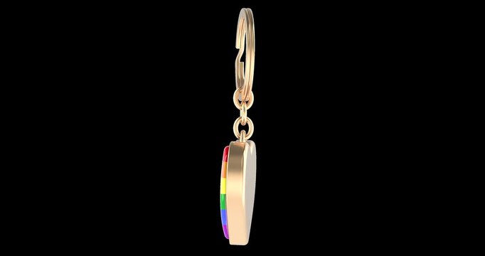 Heart keychain with Progress Pride flag rotation animation seamlessly loopable. 3D rendering isolated on transparent background