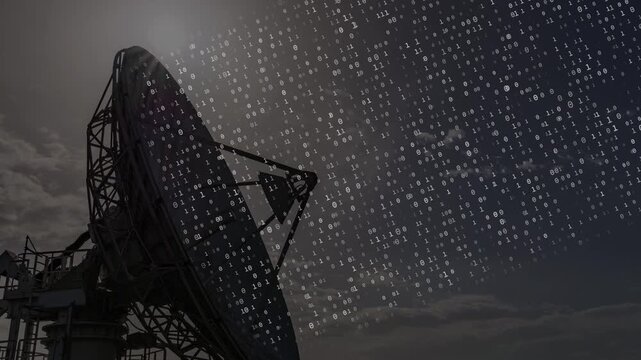 Set of two abstract seamless loop technology videos featuring a satellite communication dish silhouette with animated binary code overlay, available in monochrome and color versions