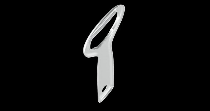 Silver bottle opener rotation animation seamlessly loopable. 3D rendering isolated on transparent background