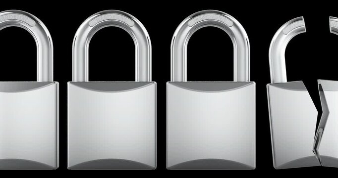 Row of padlocks with one broken lock, camera moving along animation seamlessly loopable. 3D rendering isolated on transparent background