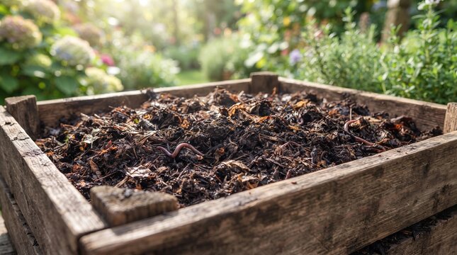 Wooden compost bin filled with decomposing garden waste and earthworms. Backyard composting for sustainable gardening. Organic recycling and soil enrichment. Eco friendly waste reduction