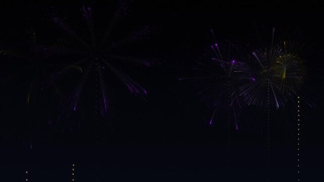 Purple and yellow fireworks exploding in night sky during celebration event footage