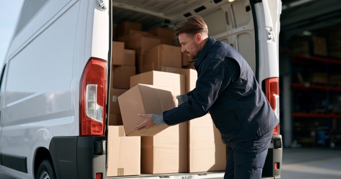 Worker Loading Cardboard Boxes Into Delivery Van