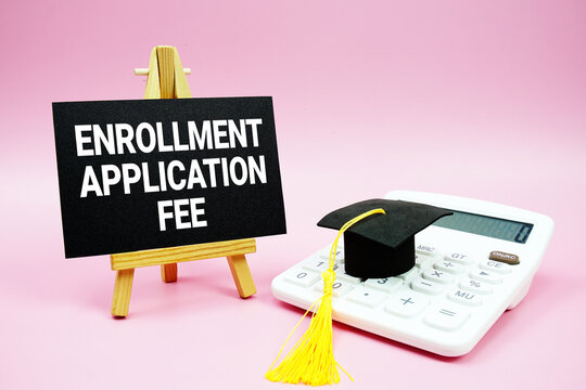 Examination Registration Fee text with calculator and graduation cap on pink background