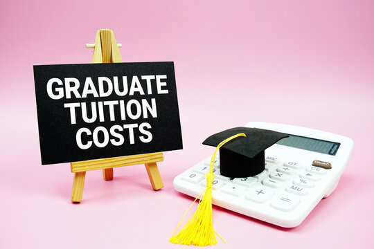 Graduate Tuition Costs text with calculator and graduation cap on pink background