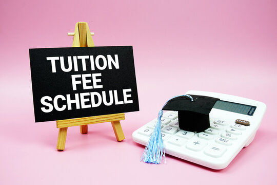 Tuition Fee Schedule text with calculator and graduation cap on pink background