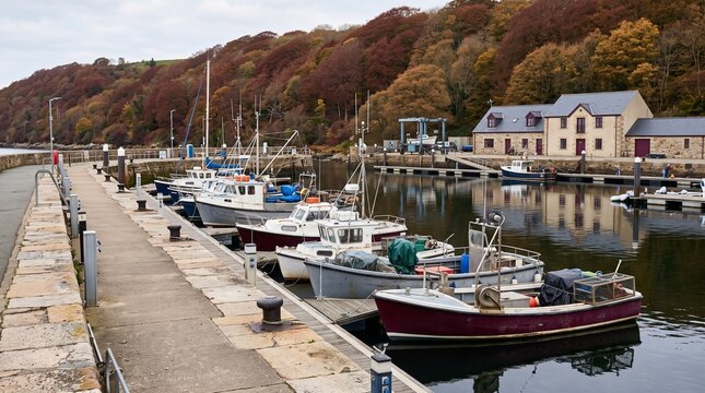Fishing boats moored in an autumn harbor by a village waterfront  