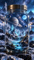 Fototapeta premium Miniature universe with planets and mountains inside a glass jar