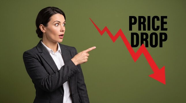 Businesswoman Pointing at Price Drop Text with Falling Red Arrow