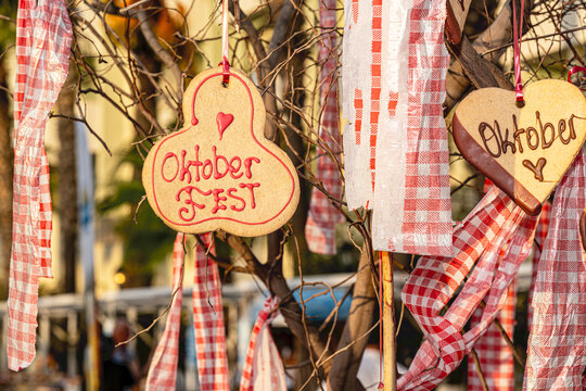 Oktoberfest gingerbread cookies with royal icing decoration, traditional German festival heart cookies with text.
