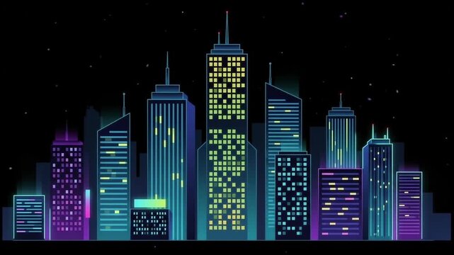 Futuristic neon city skyline illustration with glowing skyscrapers and cybernetic tech city aesthetic background
