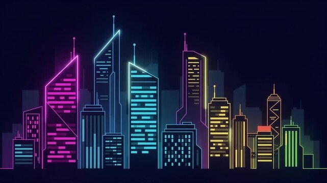 Futuristic neon city skyline illustration with glowing skyscrapers and vibrant colorful cyberpunk lights at night
