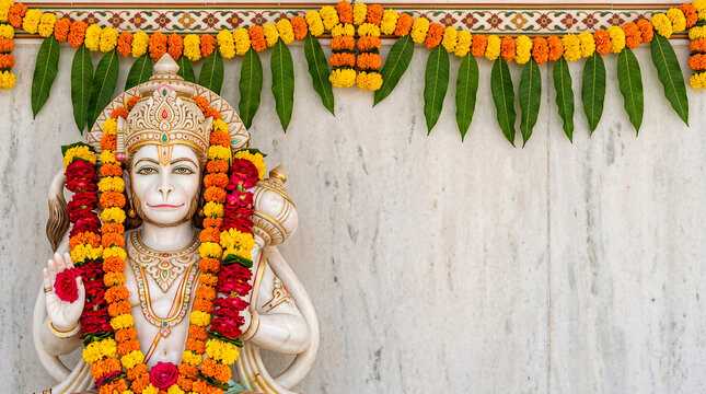 Marble statue of Hindu God Hanuman with marigold flower and mango leaves Toran (garland) in marble texture background with frame, Hindu religion festival Hanuman jayanti, Ram Navmi concept, copy space