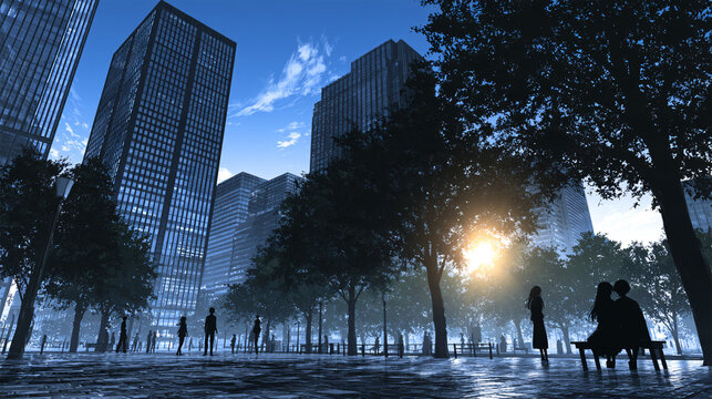 Futuristic Cityscape at Dawn  A Vibrant Urban Scene with High Rise Buildings and Greenery, Capturing the Hustle and Bustle of Daily Life Amidst a Serene, Sunlit Sky