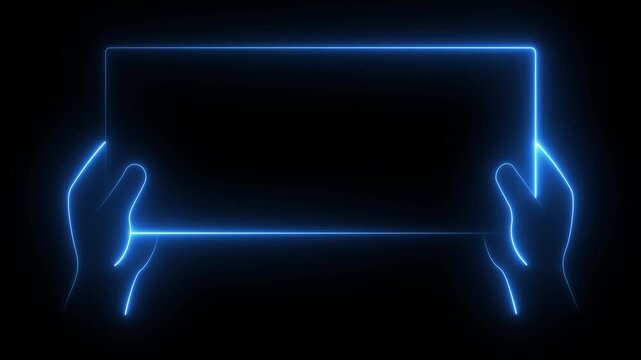 glowing neon hands holding up a blank rectangle business card icon isolated on a transparent background. motion graphic of a business card concept. 4k video