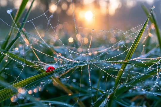 Microscopic Magic  A Red Ladybug Amidst a Jeweled Spiderweb at Dawn, with Drops of Morning Dew Glistening in the Sun's Golden Hour Light