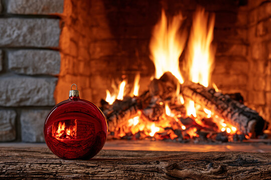 Glistening Christmas Ball on Rustic Table, Warm Fireplace Awaits, Holiday Cheer, Cozy, Festive