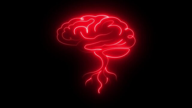 glowing neon brain tree icon isolated on black background. A creative merging the human brain and the form of a tree, motion graphic of a knowledge brain concept.