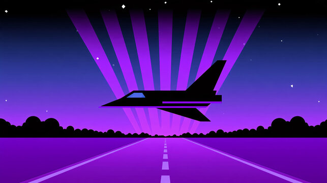 Vibrant, Colorful Night on Highway, with Jet and Beams of Light
