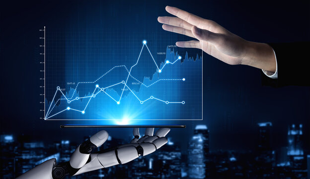 A captivating depiction of a robotic arm and a human hand interacting, showcasing data visualization and analytics against an urban night backdrop. Scalp