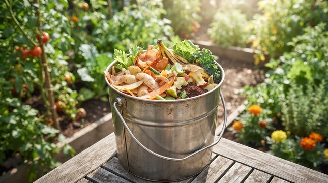 Metal bucket filled with fruit and vegetable scraps in a garden. Kitchen waste composting for home gardening. Organic recycling and food waste reduction. Sustainable living and soil