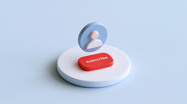 3D render of a profile icon with a red subscribe button on a white pedestal, clean minimalist design for digital media and marketing use