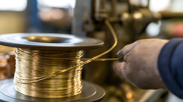 Skilled industrial worker handle copper wire spool in a modern factory setting, showing metal production process and manufacturing work. x