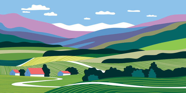 Summer rural landscape with houses, fields, meadows, hills and mountains in the background. Handmade drawing vector illustration.