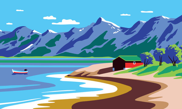 Summer countryside panorama with bright traditional north fishing house, sea, boat and mountains in the background. Handmade drawing vector illustration. Retro style poster. 