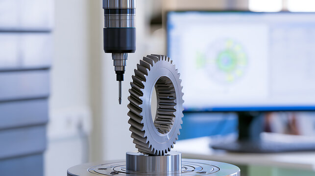 Precision quality control measurement of a metal gear component using advanced coordinate measuring machine technology in a modern industrial setting