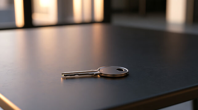 A single silver metal key rest on a dark wooden table in a room with warm natural light from a window, symbolizing security and new home
