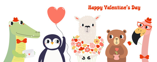 Fototapeta premium Cute animals Valentines day, with hearts, flowers illustration isolated. Friendly playful cartoon characters. Whimsical kid, nursery print design, clip art element. Hand drawn vector. Love, friendship