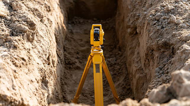 A yellow total station device positioned inside a deep dirt trench on a construction site, ready for precise land measurement work