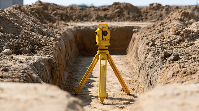 Yellow electronic total station surveying tool set up on a tripod inside a deep construction trench at a modern development site outdoors