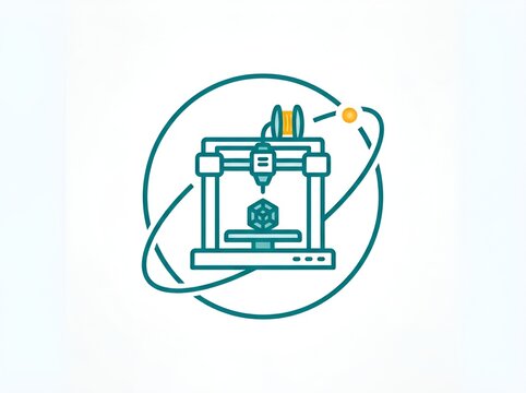 Three-dimensional printer icon showing automated layer manufacturing technology with spool and geometrical model inside a circular graphic.