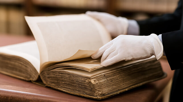 Person wearing white cotton gloves carefully turn page of old antique heavy ledger document paper archive manuscript library heritage culture