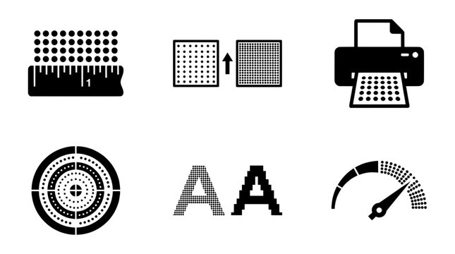 Halftone print resolution vector icons, printing quality and dot matrix symbols